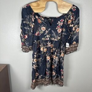 NEW Angie Blue Floral Puff Sleeve Mini Dress Womens 3X Smocked Back Rayon Boho